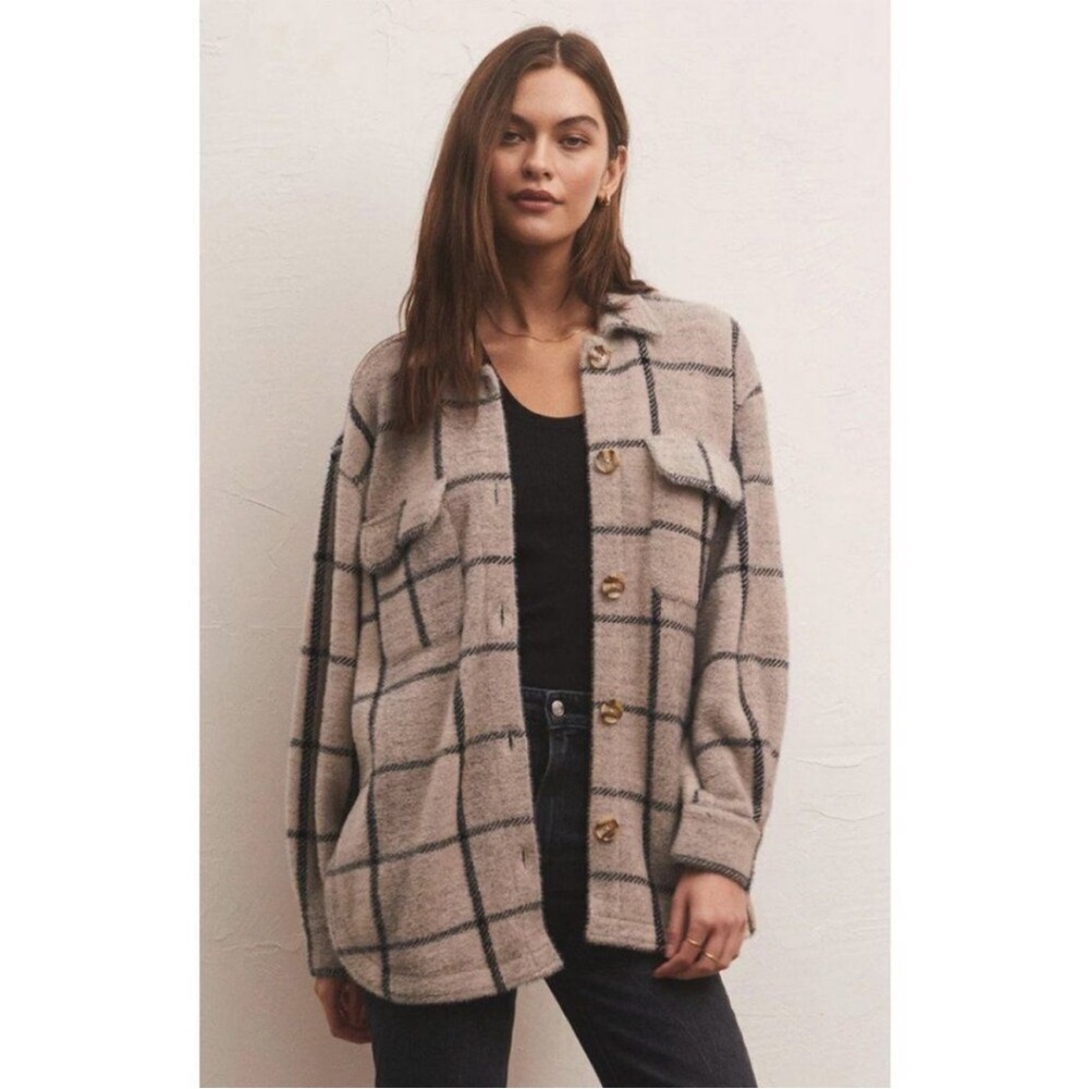 Z Supply Plaid Tucker Jacket Shacket Oversized Soft Fuzzy Texture in Taupe XS